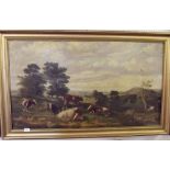 A Victorian large oil on canvas - cattle in landscape 59 x 107cm