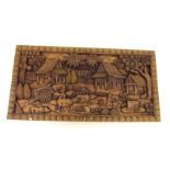An Indian carved wood panel farming scene with oxen - 50 x 100cm