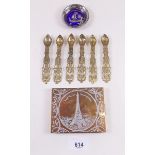 A set of six Jewish spoons, an Eiffel Tower cigarette case and Norwegian enamel pin dish - a/f