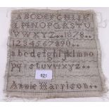 A small Victorian alphabet sampler by Anne Harrison 1878, unframed