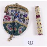 A Victorian beadwork and bone needle case and a beadwork purse - a/f
