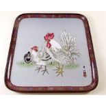 A Japanese Meiji period enamel tray decorated chicken and rooster, signed, with lotus flower