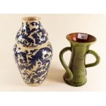 An Ewenni green three handled vase with text and a blue Arts and Crafts style pottery vase with