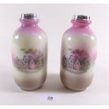 A pair of silver rimmed Compton Ware vases with romantic scene decoration - 15cm