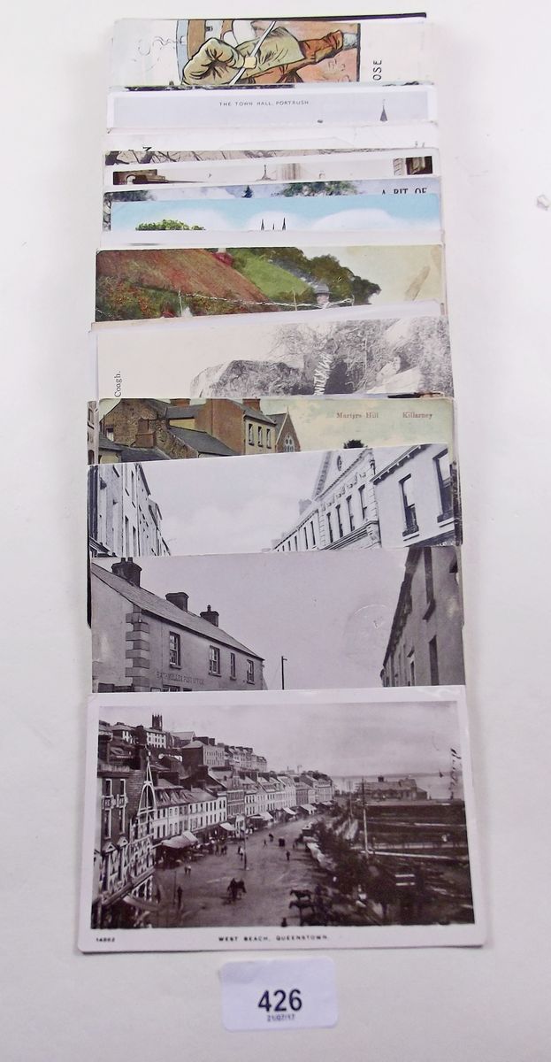 Postcards - Ireland topo including RP W.Beach Queenstown pu 1911, Rathmullen P.O, Dublin street