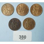 A quantity of (5) British copper/bronze halfpennies: Edward VII 1902, 1903, 1907, 1908, George V