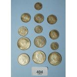 A quantity of silver content including: Victoria halfcrowns 1900 (3 off) veiled bust, shillings 1900