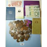 Quantity of coins and banknotes including: Royal Mint issue presentation pack, Queen 80th birthday