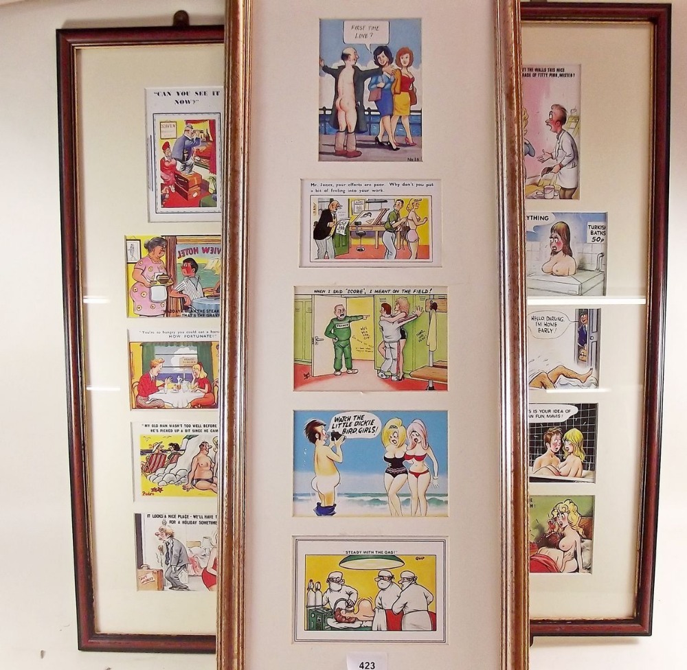 Three framed sets of seaside humour cards