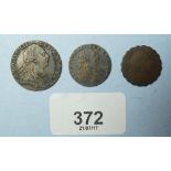 Two silver coins and gaming token, George III including: 1787 shilling (no stops at date) 1787