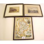 An engraving Mona Gate and Bridge, a framed photograph of Symonds Yat and a map of Bedfordshire