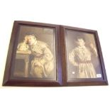 A pair of Pears prints of young boy smoking, in oak frames- 34 x 24cm