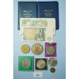 A quantity of assorted coins and medallions including: 2 off Britain's first decimal coin packs 1971