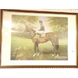 A framed print of the racehorse "Shergar" by John Horsdale - 37 x 48cm
