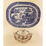 A Staffordshire stone china blue and white willow pattern plate and Hulme 'Ascot' small tureen,