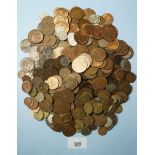 A quantity of mainly pre-decimal British coinage including farthings, halfpennies, pennies, brass