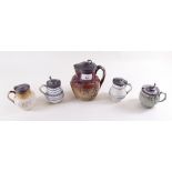 A collection of four stoneware pewter topped cruets and an 18th century stoneware hunting jug