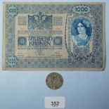 An Austrian 1000 kronen note 1902 and a Queen Victoria 1897 half crown