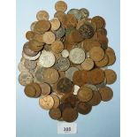 A quantity of British coinage, farthings, halfpennies, pennies, brass threepences, sixpences, two