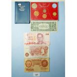 Coins and banknotes including: Britains first decimal coin pack, 10 shillings bank notes: prefix