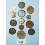 A small group of British coins to include: three silver coins, George III half penny and various