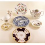 A Newhall teapot a/f, three Victorian plates, a 19th century mug, sugar and two saucers