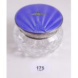 A cut glass dressing table jar with RAF motif to blue enamel and silver lid - Birmingham 1936