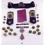 A naval embroidered badge, various naval buttons, Medical Corps cap badge, mess card etc.