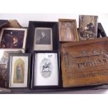 A box of small framed pictures including engraving and religious prints