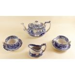 A Copeland Spode teapot, eight saucers and eight cups, milk and sugar (two variations)