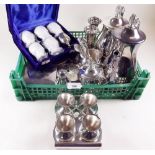 A silver plated coffee set, egg cup stand and other silver plated items