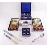 A set of silver plated teaspoons, other silver plated cutlery and a set of Ashley steak cutlery