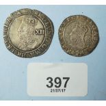 Two silver coins including: Elizabeth I sixpence 1593 sixth issue, Charles I shilling 1642-49 -