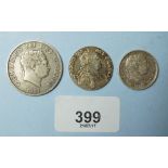 Three silver British coinage including: George III shilling 1787 with Semee of Hearts, halfcrown