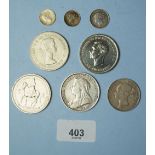 Five Victoria silver coins including: crown 1893 LVI old head, halfcrown 1884 younghead, groat