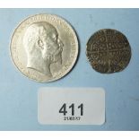 Two British coins including: hammered silver groat Henry VII 1485-1509 and Edward VII crown 1902 -