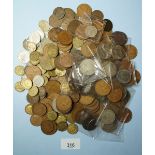 A quantity of copper/bronze: farthings, halfpennies, pennies, brass threepences - cupronickel: