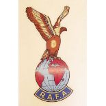 A large painted wood Royal Air Force Association sign in form of eagle and globe, 124cm tall