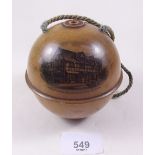 A Mauchline Ware string holder with a picture of Shakespeares House in Stratford upon Avon