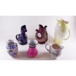 Four various jugs and two toothbrush mugs (one Masons)