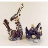 A novelty continental porcelain chicken group and a pottery group of magpies - 23cm tall
