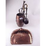 A copper fireside set and crumb tray