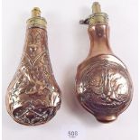 Two 19th century copper powder flasks engraved leaves and dead game