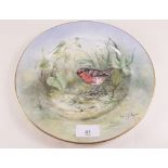 A DFB porcelain plate painted robin, by David J Scyner, ex Royal Worcester artist, 27cm dia.