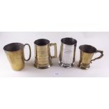 An HMS Bherunda brass tankard 'V Day 1945', two other brass tankards and a silver plated one