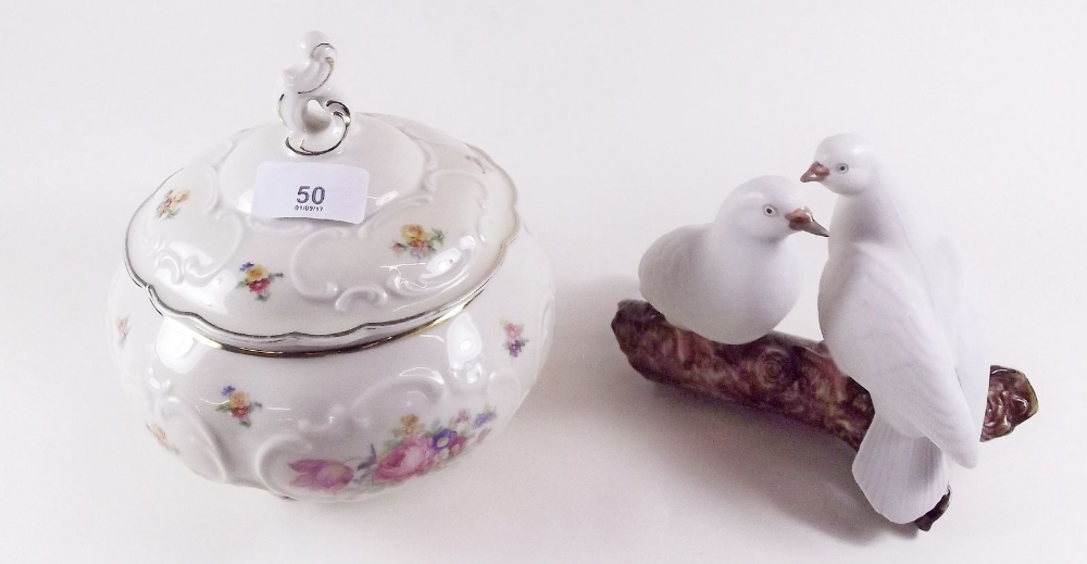 A floral painted bowl and cover and pair of doves