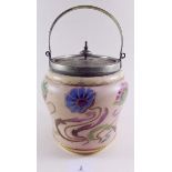 An Edwardian Carlton Ware biscuit barrel with silver plated mounts painted Art Nouveau stylised