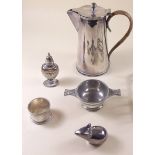 A silver pepper pot, silver napkin ring, a silver plated coffee pot, a wine taster and a silver