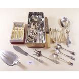 A group of silver plated serving cutlery and set of cake forks boxed