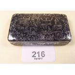 An early 19th century French silver niello snuff box engraved Rococo scene to lid with all over